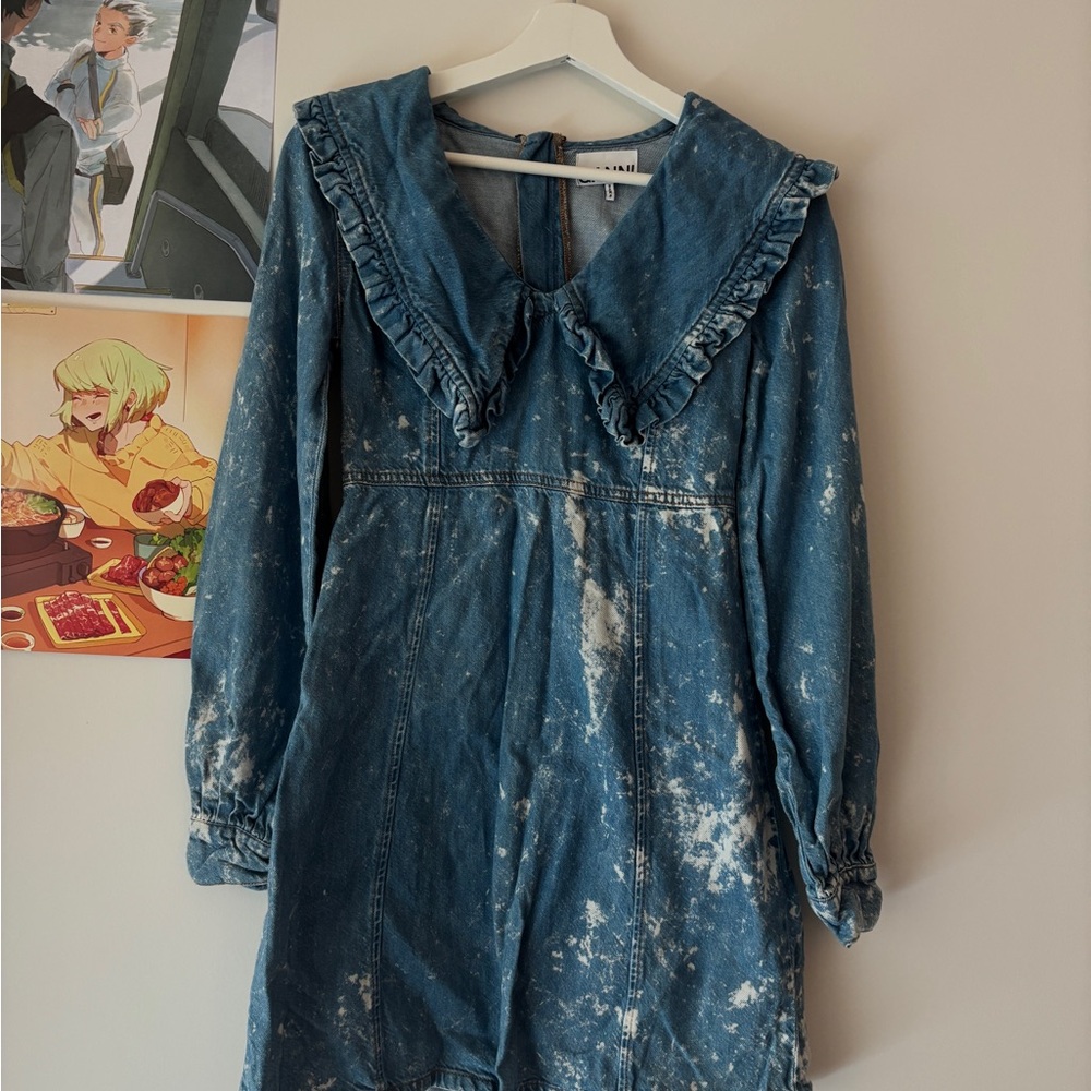 Ganni Blue Denim Dress with Ruffle Collar